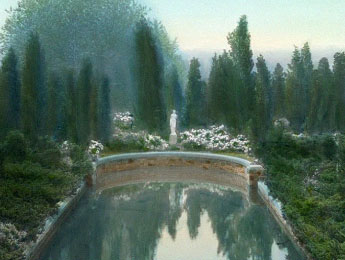 Une sculpture angélique au beau milieu d'un jardin luxuriant, illustrant un objet sonore de Boris Billier pour Magazine Aléatoire.