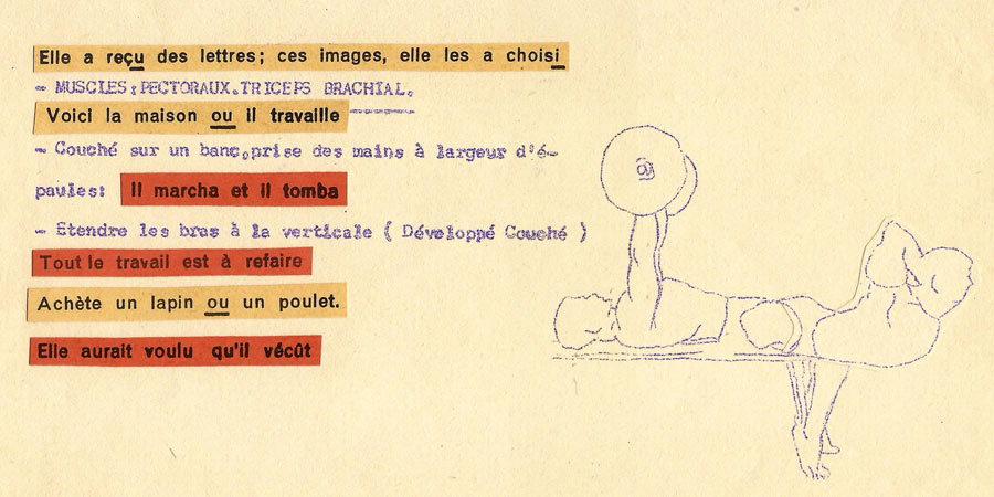 Muscles, pectoraux, triceps… Il marcha et il tomba ! Un collage texte/image de Jean-François Magre pour Magazine Aléatoire.